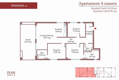 4 camere cu terasa de 22 mp, 3 bai, etaj 2/3, FINISAT MODERN,  COMISION 0% - 5