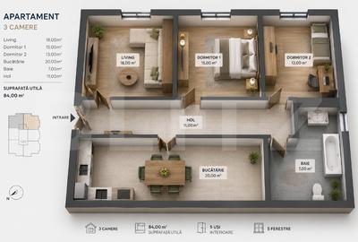 Apartament cu 3 camere semidecomandat, mobilat în Centrul Istoric