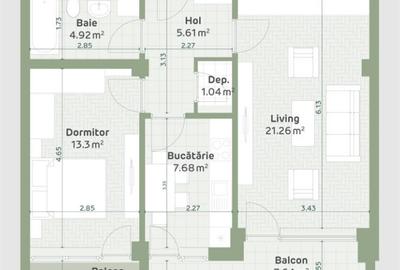 Apartament cu 2 camere in Hlincea la bloc nou 61,45mp + 3,14mp balcon - 1
