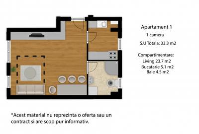 Apartament 1 camere, 33,3mp, semifinisat, zona Cetatii, Floresti - 1