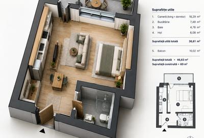 Studio de vânzare –46mp- Bucureștii Noi | Bloc cu lift și centrală proprie - 1
