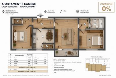 Apartament 3 camere | Calea Dorobanți | Etaj 1 | Comision 0% - 1