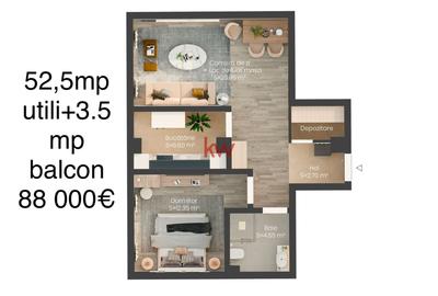 Apartament 2 camere – 52,5 mp utili + balcon 3,5 mp | 88.000 € - 6