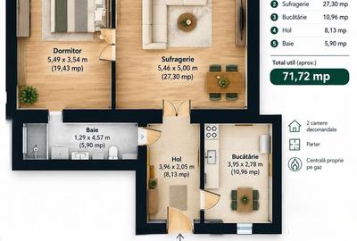 Apartament cu 2 camere semidecomandat în Central