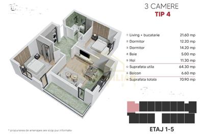 3 Camere decomandat 70.9mp Biruintei - 2