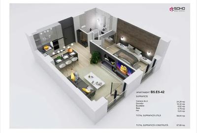 Apartament cu 2 camere semidecomandat în Hărmanului