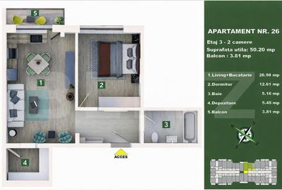 Apartament 2 camere, living cu bucătărie open space, balcon – 50 mp utili - 4