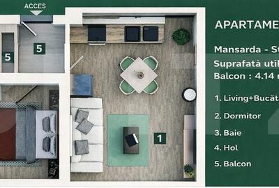 Apartament 2 camere, living cu bucătărie open space, balcon –45 mp utili - 4
