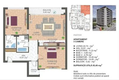Apartament 3 camere 85,49mp, balcon  | Bloc nou | zona 13 Septembrie I - 11