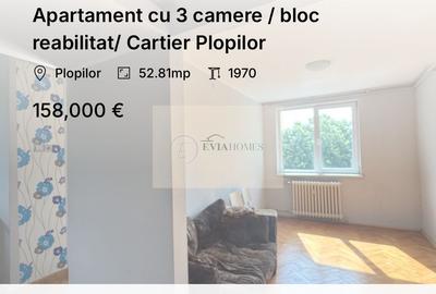 Apartament cu 3 camere semidecomandat în Plopilor