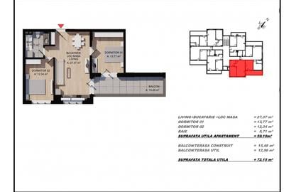Apartament 3 camere, 59,19mp utili, terasa 12,96mp, zona Eroilor, Floresti - 1