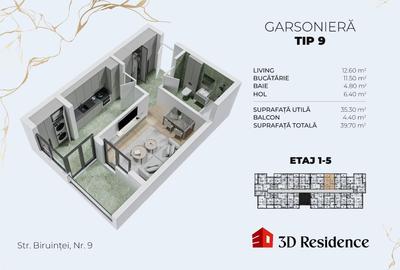 Garsoniera decomandata, bucatarie mare, balcon sticla - 2