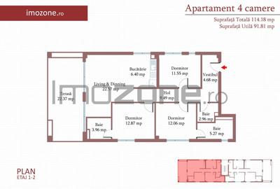 4 camere cu terasa de 22 mp, 3 bai, etaj 1/3, FINISAT MODERN,  COMISION 0% - 5