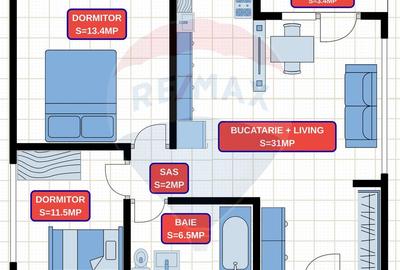 Apartament cu 3 camere semidecomandat, mobilat în Florești