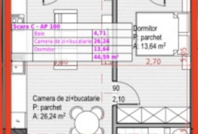 Apartament cu 2 camere de 44,59mp, pe strada Soporului - 1