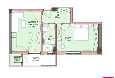 Apartament cu 2 camere - baie cu geam - 49.05 mp utili - 4