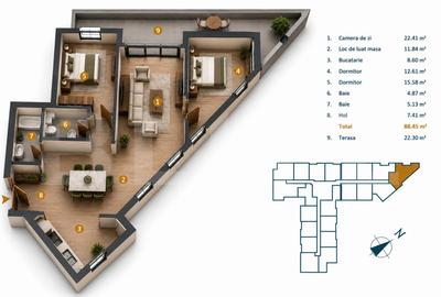 Apartament cu 3 camere semidecomandat în Între Lacuri