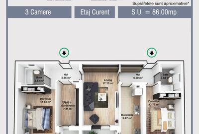 Apartament cu 3 camere decomandat în Militari