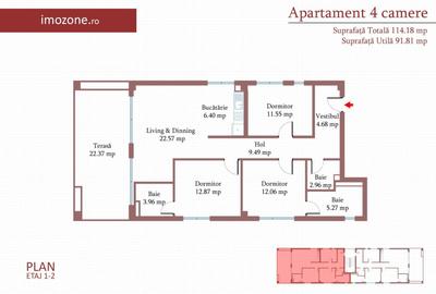 4 camere cu terasa de 22 mp, 3 bai, etaj 1/3, FINISAT MODERN,  COMISION 0% - 2