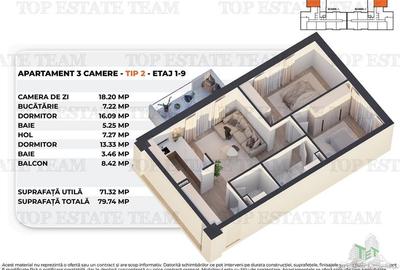Apartament 3 camere intr-un bloc nou, modern, 71mp utili + balcon,  la 15 minute - 7