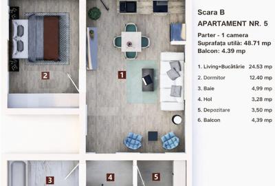 Apartament 2 camere, living cu bucătărie open space, balcon –48 mp utili - 2