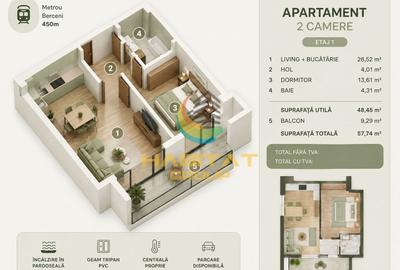 Apartament cu 2 camere semidecomandat în Central