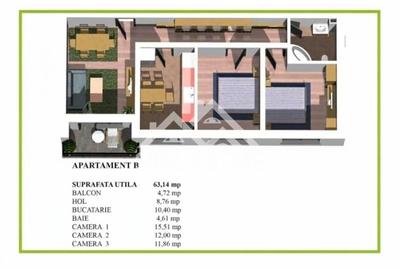 Apartament decomandat 3 camere 64 mp. Cartier Arhitectilor - 9