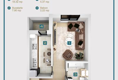 Garsoniera de vanzare 32mp decomandata Militari Residence Comision 9% - 3