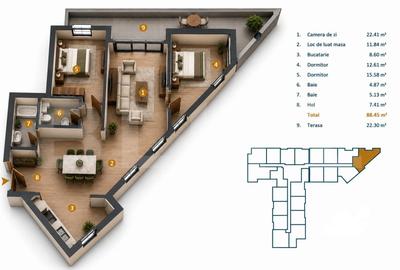 Apartament cu 3 camere semidecomandat în Între Lacuri