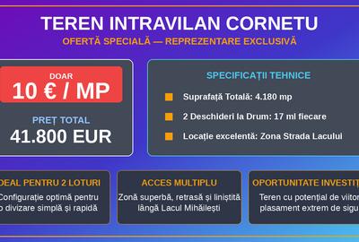 Proprietar –Teren Intravilan Cornetu - 4.180 mp, 10 €/mp – 2 deschideri la drum - 3