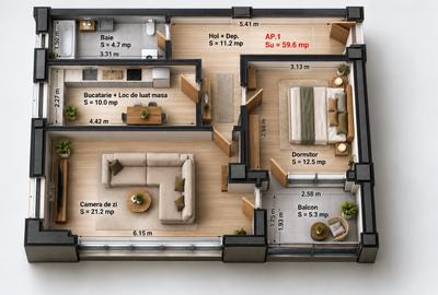 Apartament cu 2 cu suprafata de  59.6 mp de vanzare in Sibiu - 2