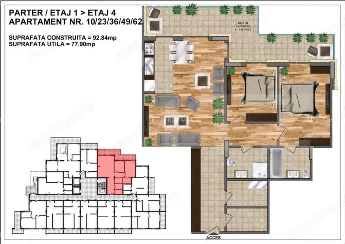 Apartament de vanzare bloc nou, zona Aurel Vlaicu 77,90 mp+ terasa 20 ceramica - 1