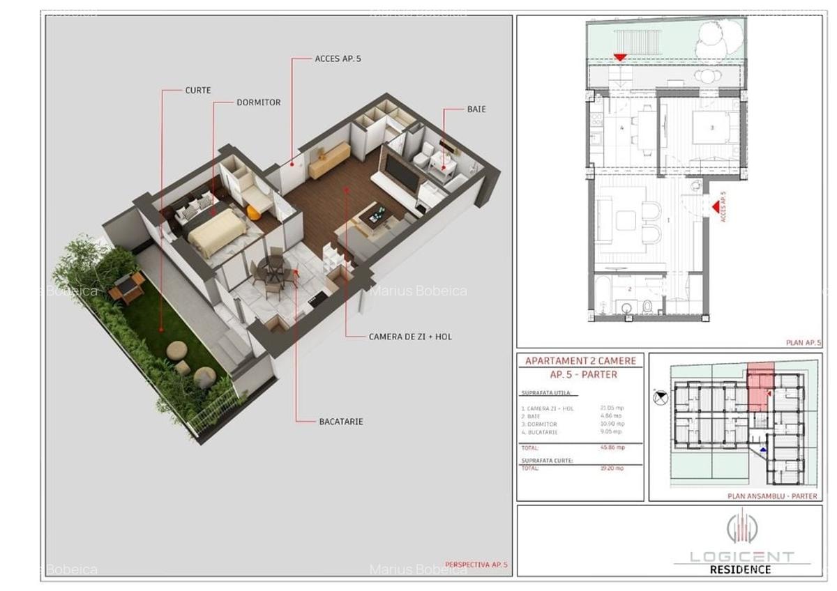 APARTAMENT NOU - 2 camere, parter, cu GRĂDINĂ, Complex LOGICENT; - 3