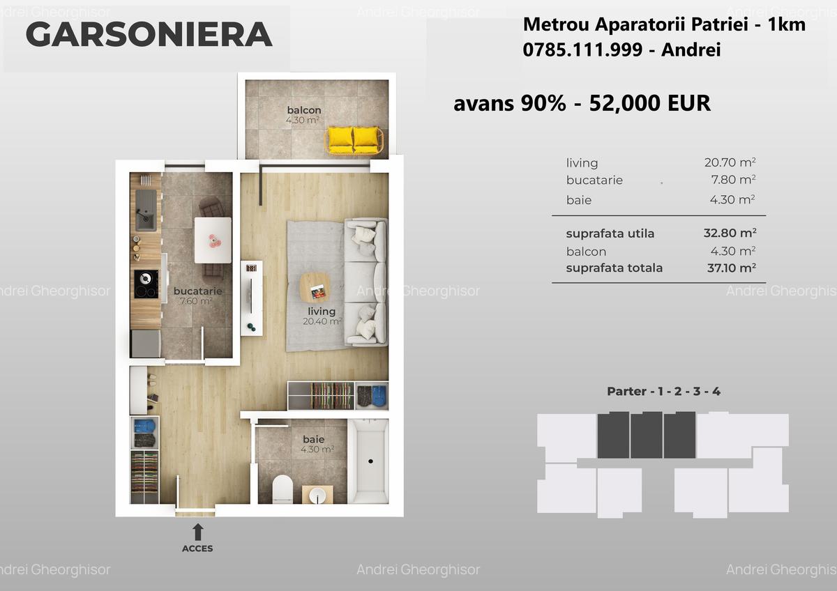 Nou ! Metrou Aparatorii Patriei (1km) - garsoniera 37mp - 2