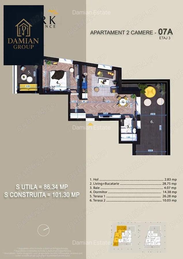 Apartament 2 camere studio + 2 terase Parcul Teilor 0% comision ref DGE 07A-C1 - 9