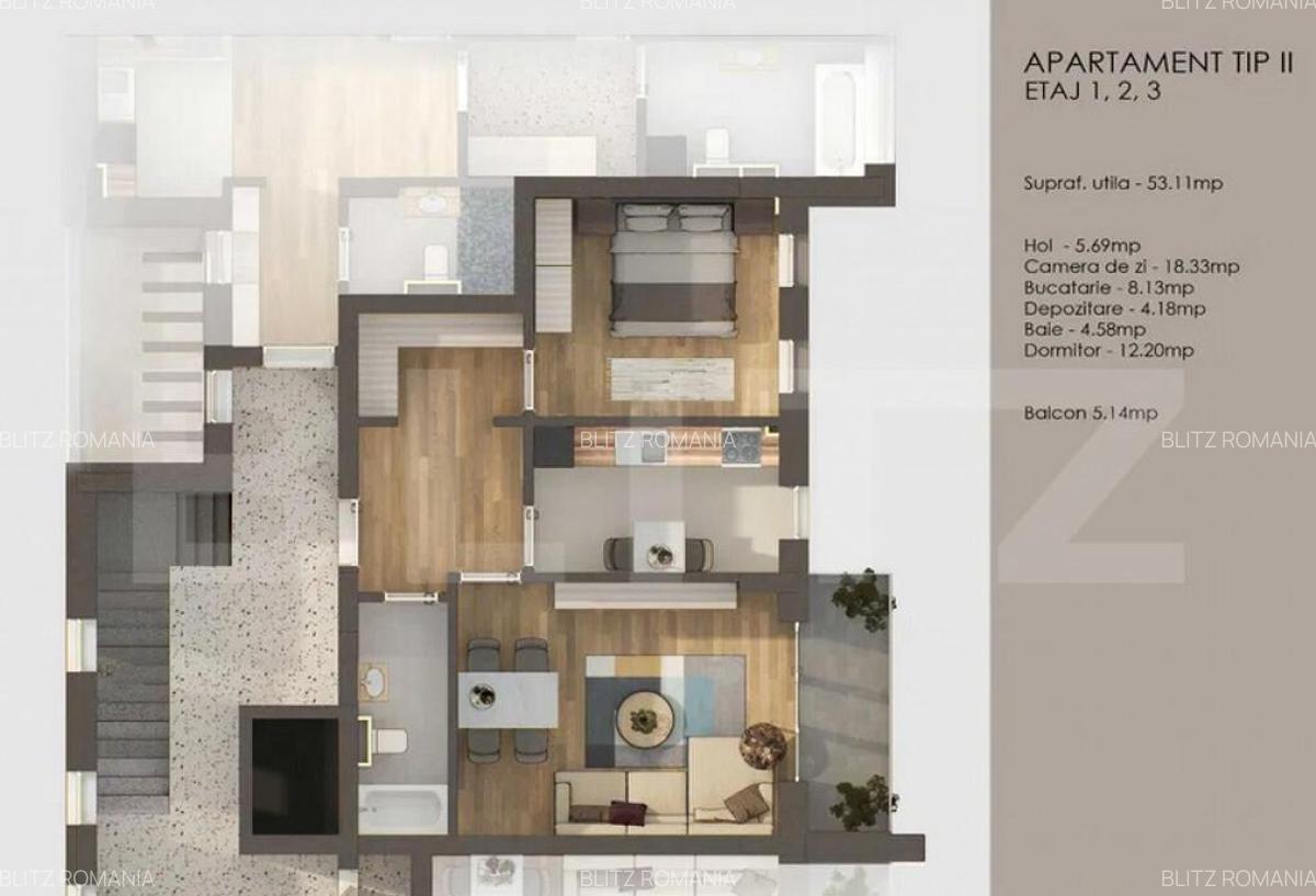 Apartament 2 camere, decomandat + balcon 5 mp , Tractorul - 4