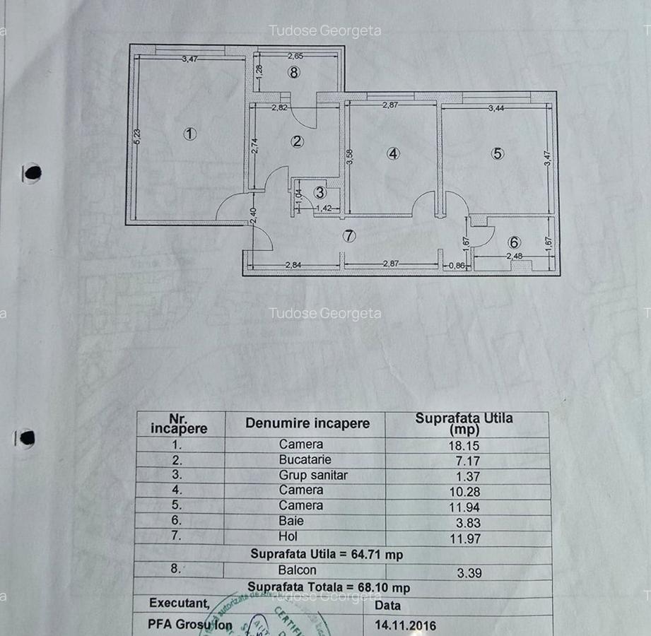 Dacia - ap 3 cam , parter/4 , dec, Suprafata 68,1 mp - 1
