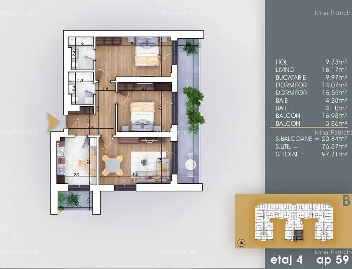 NOU 3 camere - luminos/spatios, 2 bai/2balcoane - Metrou N. Teclu - 5