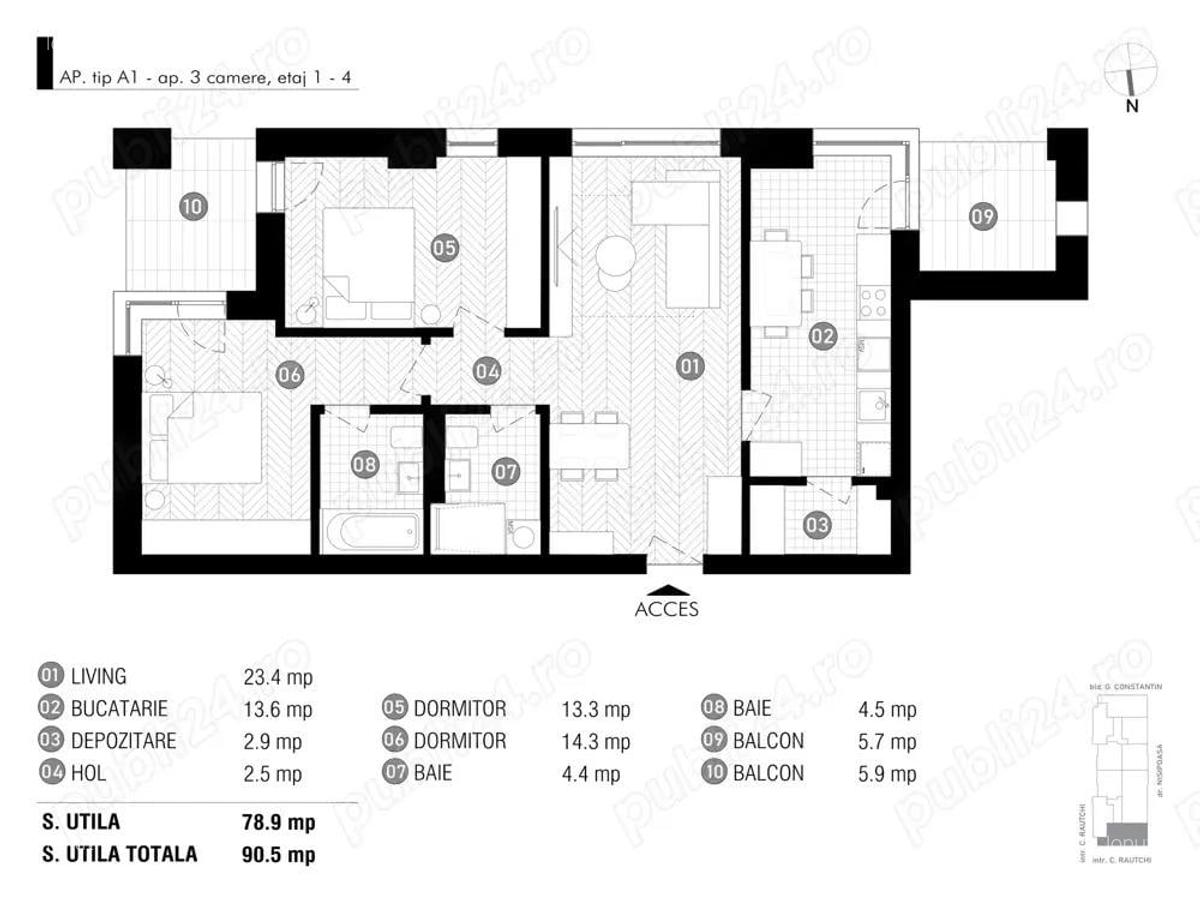 Antracit Coanda - ap 3 cam, spatios, 90,5 mp total utili - 2