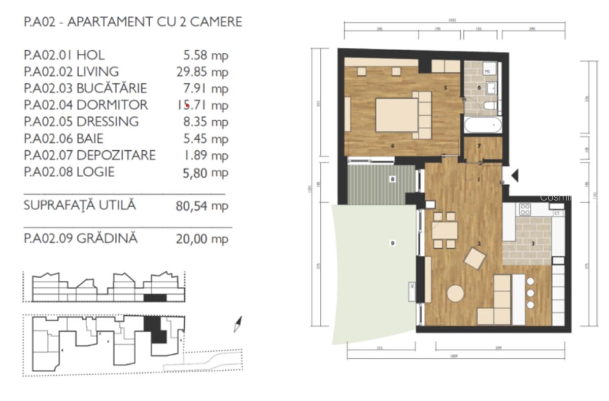 Apartament 2 camere, parter, 77,9 mp + grădină  20,03 mp - 6