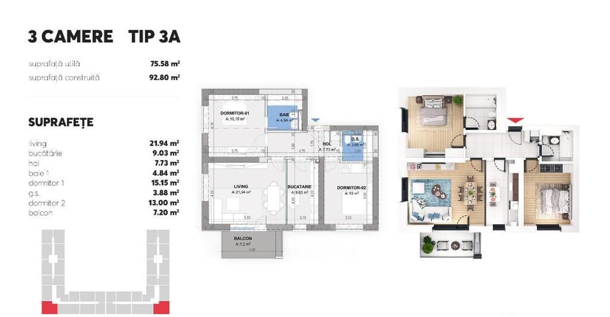 Apartament 3 Camere TIP A in Plaza Residence FAZA 6 - 2