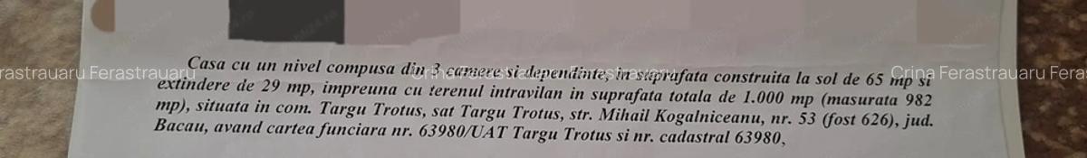Vand sau schimb casa in Tg. Trotu? cu apartament in One?ti. Casa cu 3 camere, baie, bucatarie utilat - 2