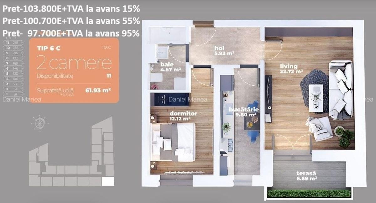 Parcul Teilor-2 camere, spatios, dec, bucatarie inchisa - 7