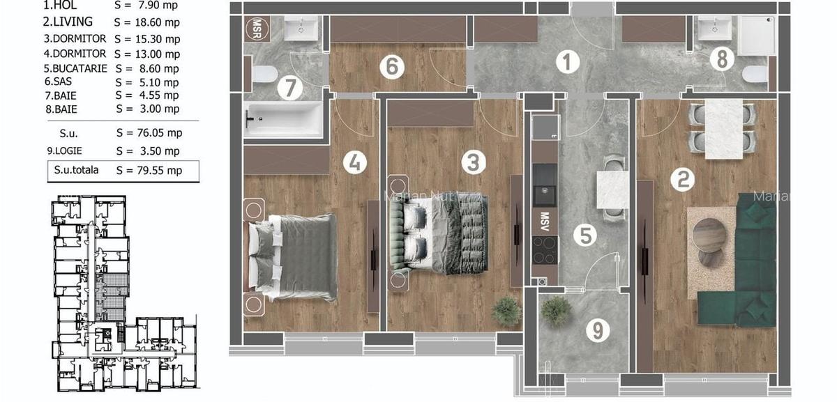 Apartament  3 Camere Bloc Nou Comision 0 - 6