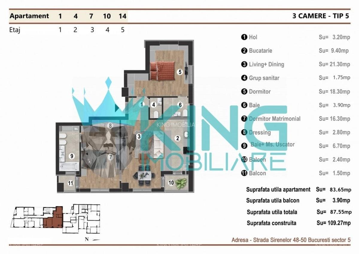Apartament cu 3 camere semidecomandat în 13 Septembrie - 18