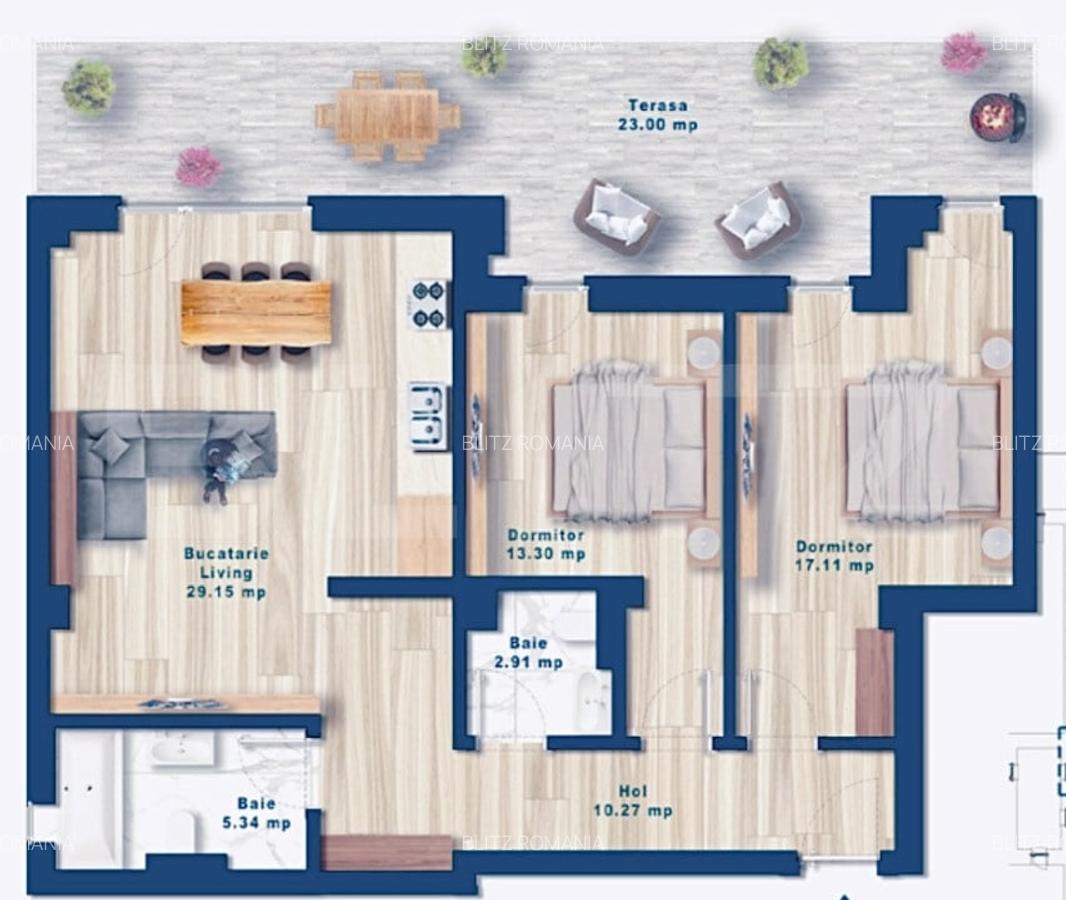 Apartament 3 camere,78  mp, 24mp Terasa, 1 loc parcare,  zona Torontalului - 2