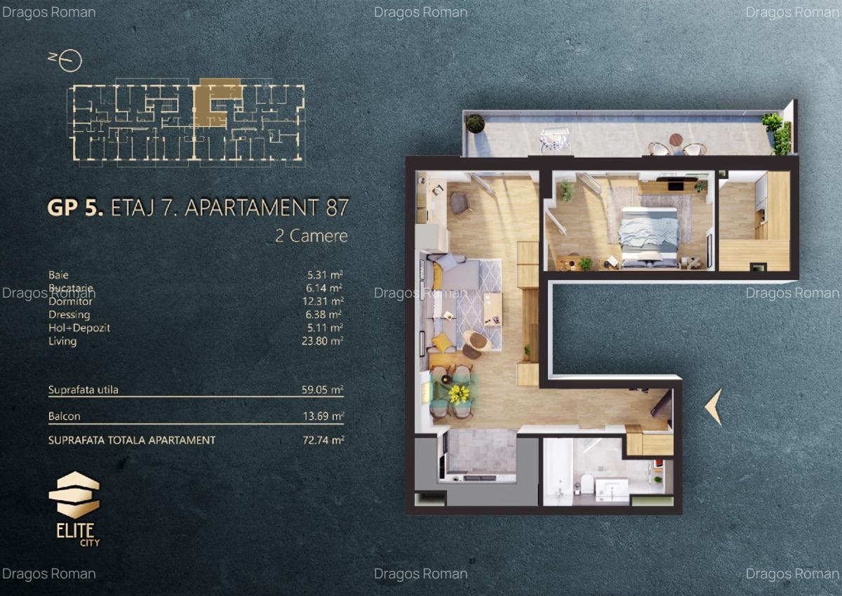 Apartament 2 camere finisat 60mp + terasa 14mp Elite Ciry garaj priveliste - 2