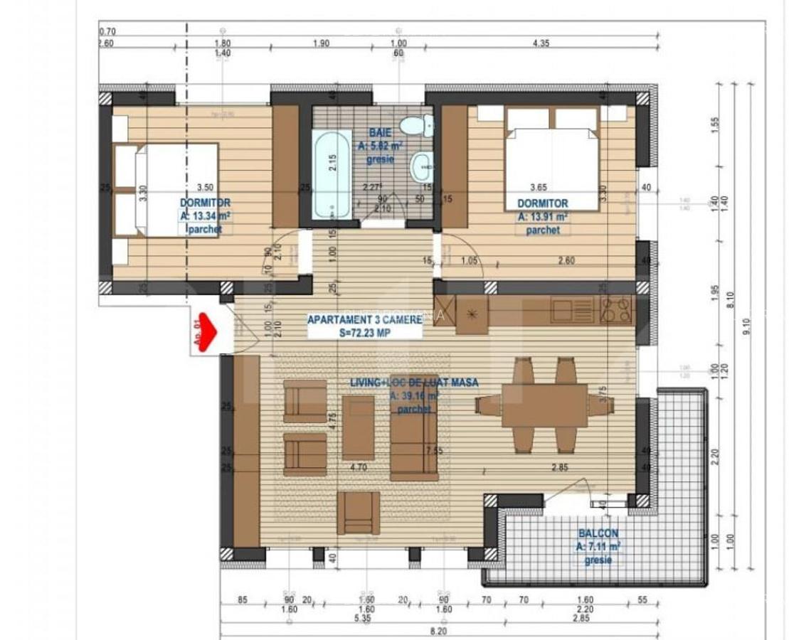 Apartament 3 camere, 72 mp utili, etaj 1, bloc nou - 1