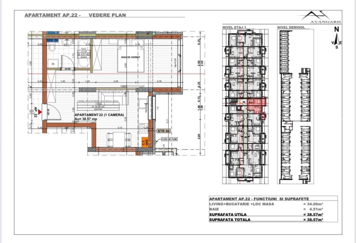 Apartament 1 camera , 38,57 mp, etaj 1 , zona Cetatii - 1