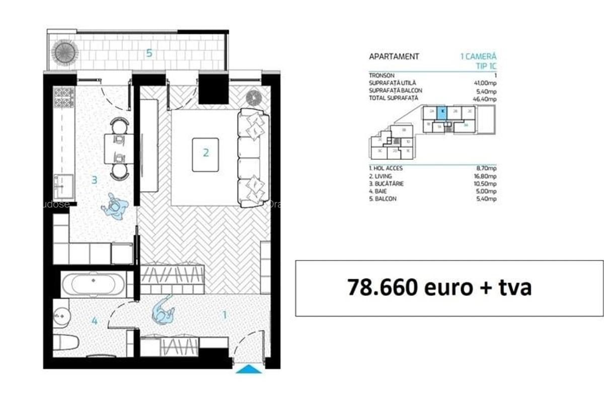 Apartament 1 camera, 46,46 mp, bloc nou, Cug Rond Vechi, - 2